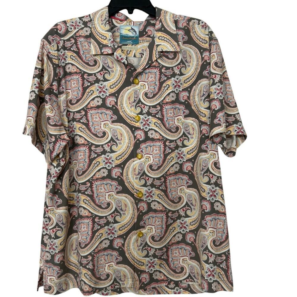 Tommy Bahama Silk Camp Shirt L Paisley Hawaiian Button Front Island Modern Fit